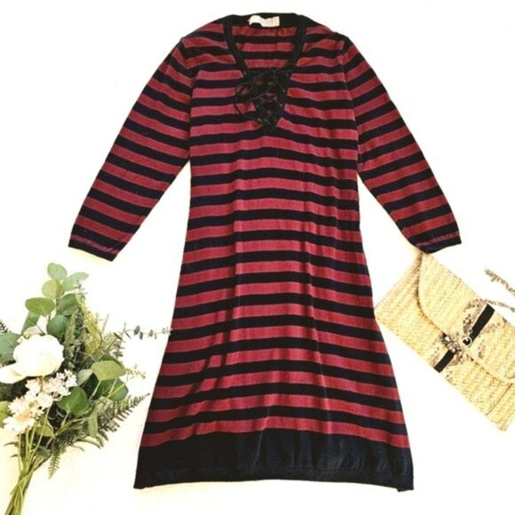 Asos Women's Mini Sweater Dress Size 8 Burgundy Blue Striped Lace Up Lightweight - Picture 1 of 12